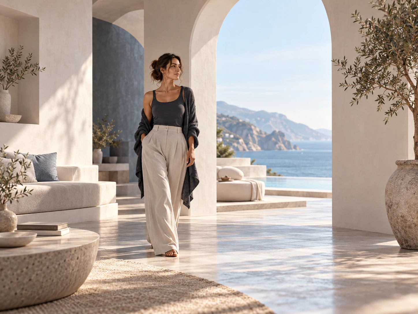 Sunlit architectural walkway opening toward the sea