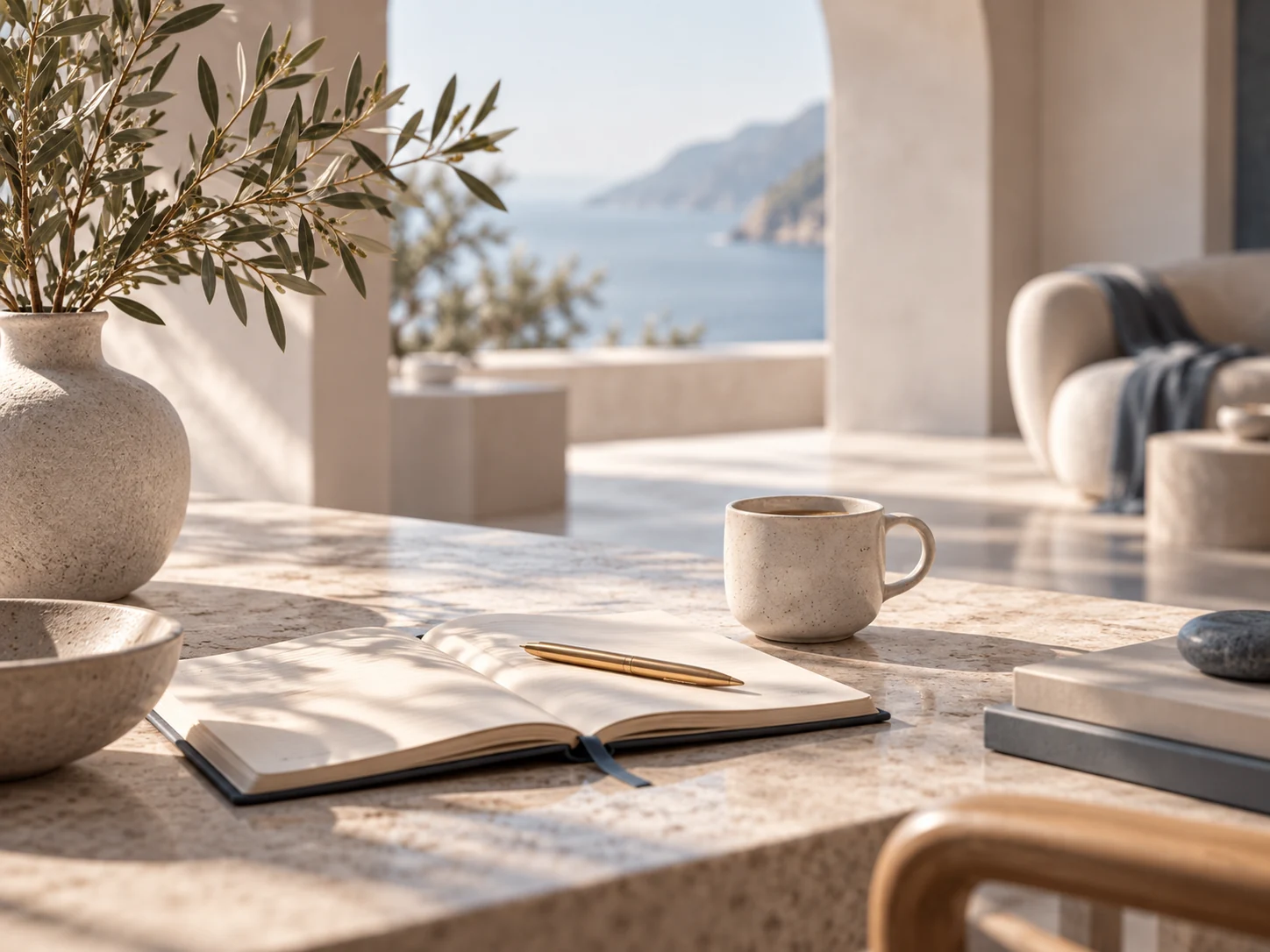 Open notebook, pen and coffee in a light-filled space overlooking the sea