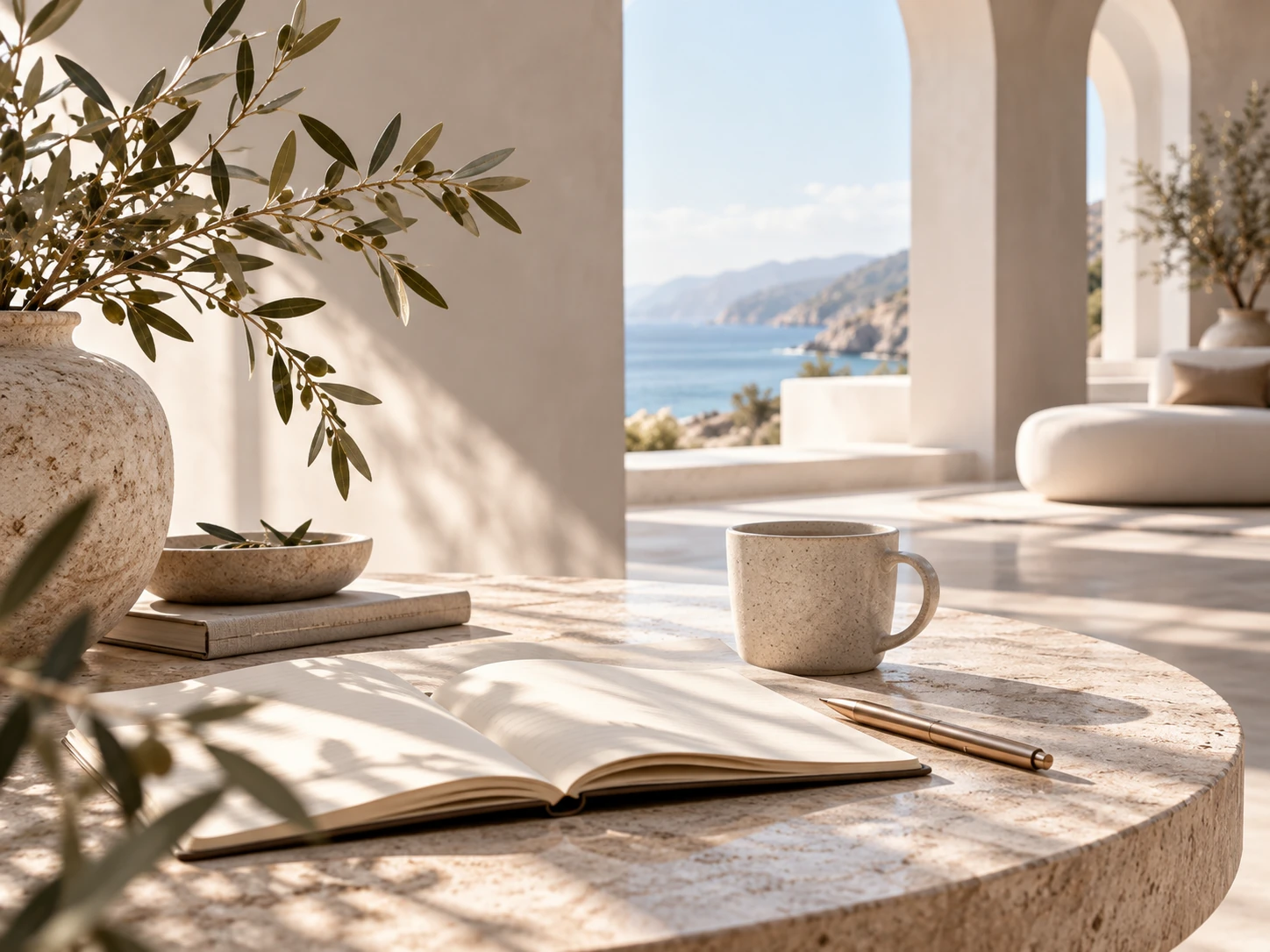 Sunlit journal and coffee on a stone table beside a coastal view