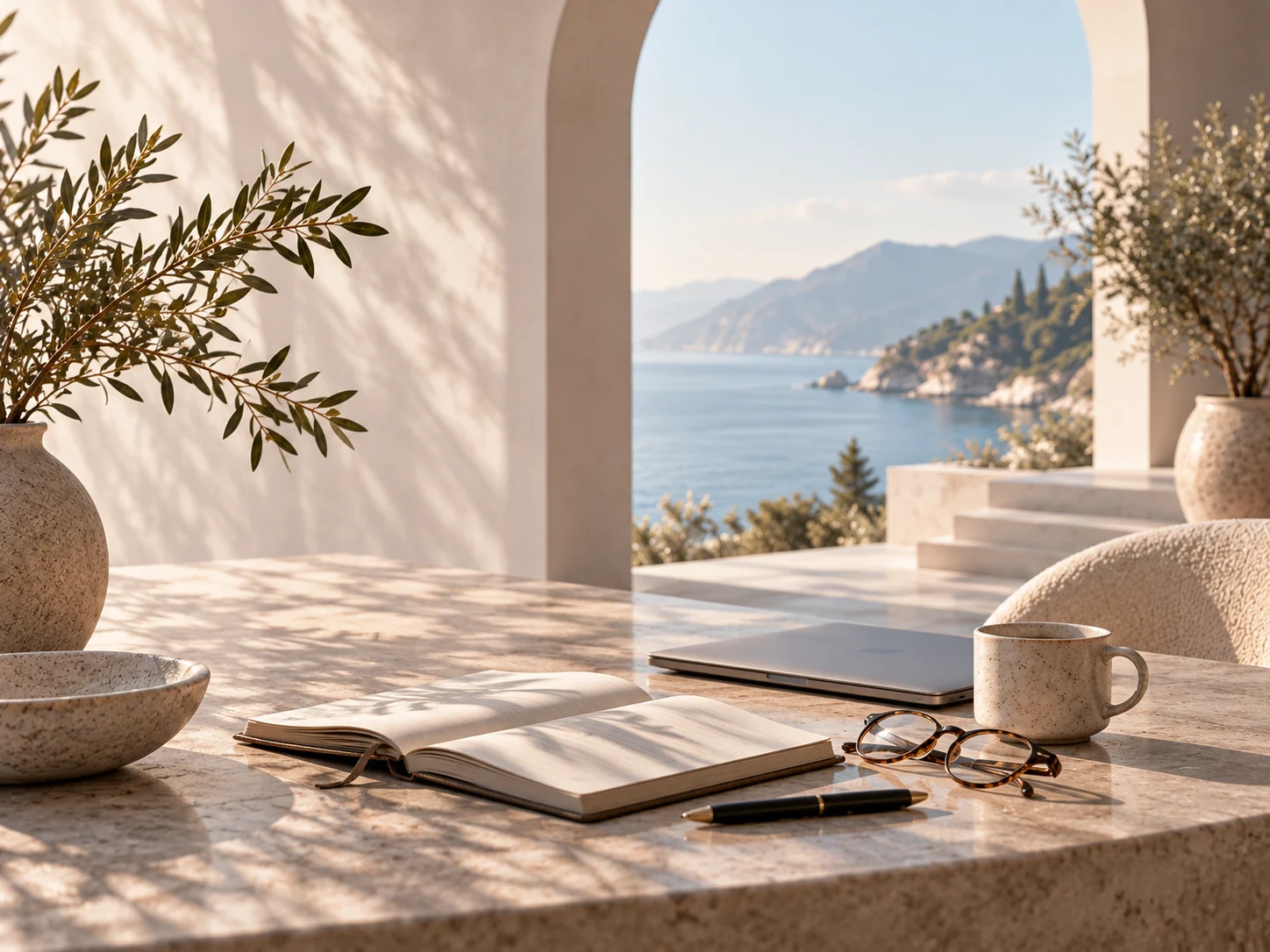 Quiet desk with an open journal, pen, and laptop beside a coastal archway