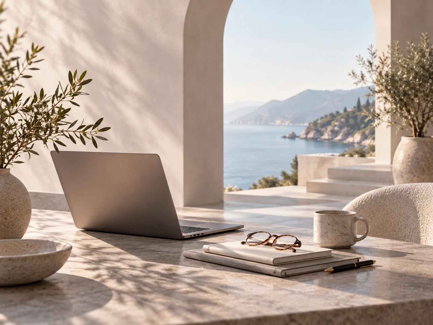 A laptop, notebooks, and coffee waiting on a quiet terrace table