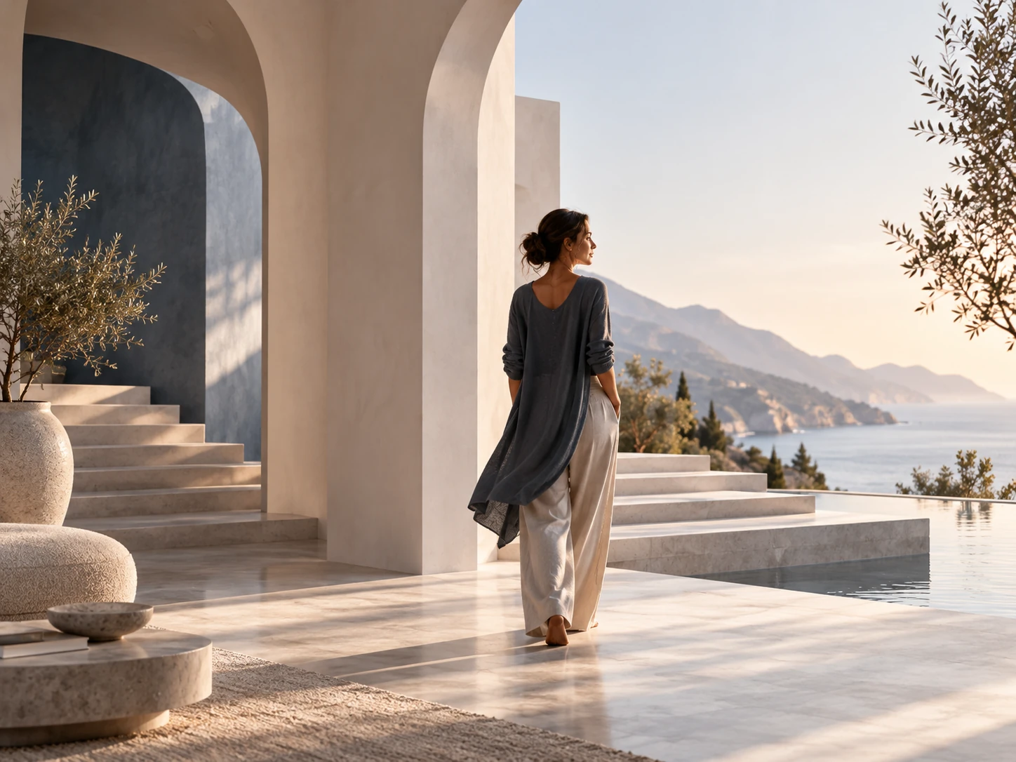 A woman walking toward the sea through a sunlit architectural opening