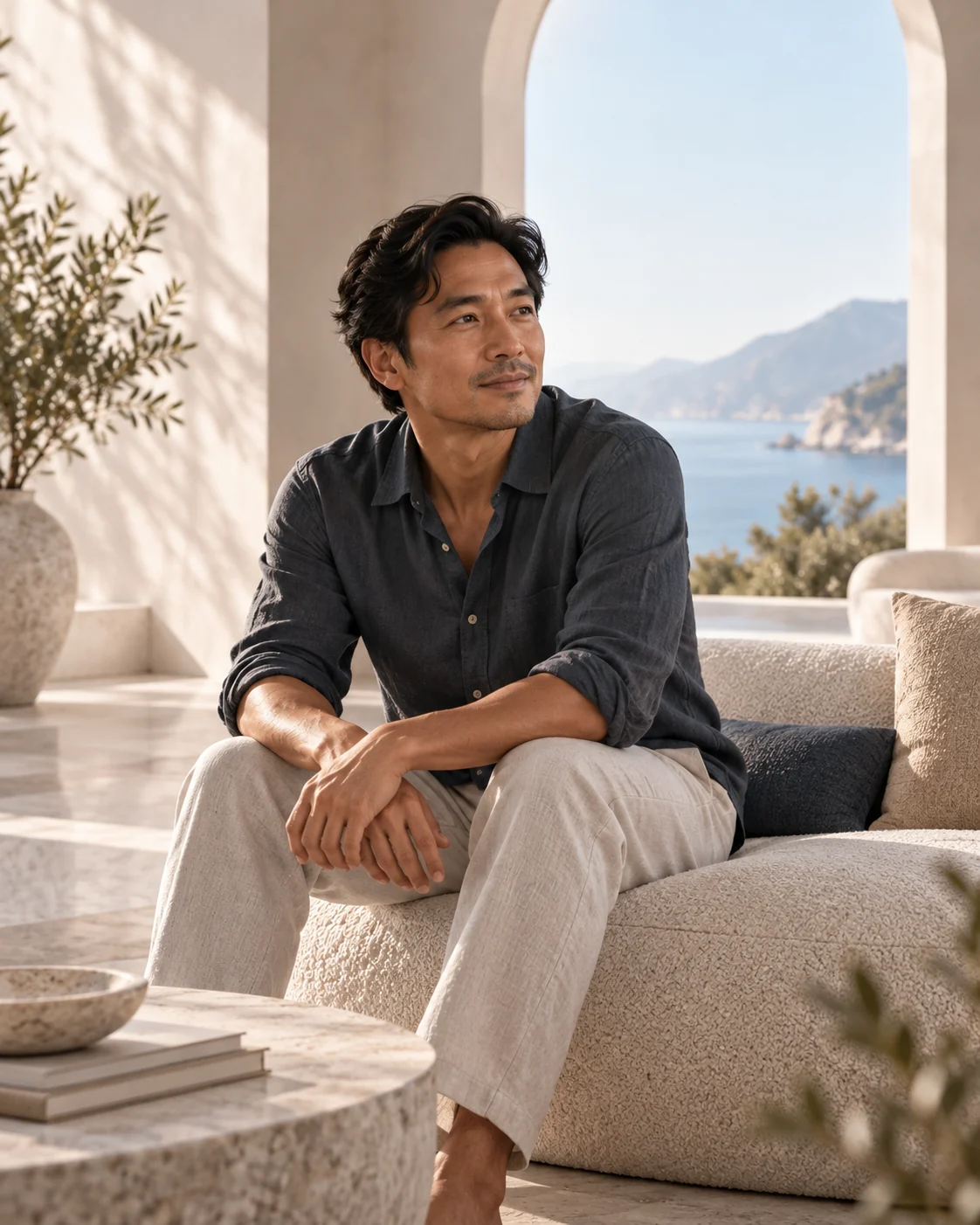 Portrait of a fictional man in a navy shirt seated beside a sunlit window